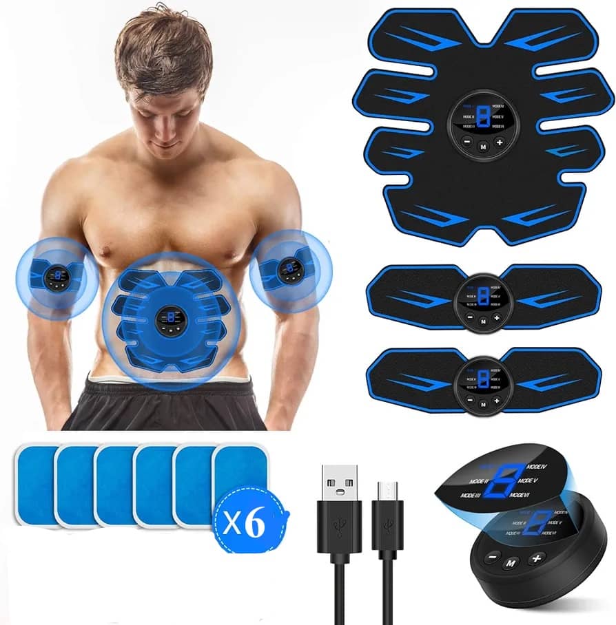تمرین دهنده عضلات VARNIC EMS، مربی عضلانی شکم EMS، محرک ماهیچه ای قابل شارژ  USB برای شکم، بازوها (بسته هدیه 6 پد ژل).