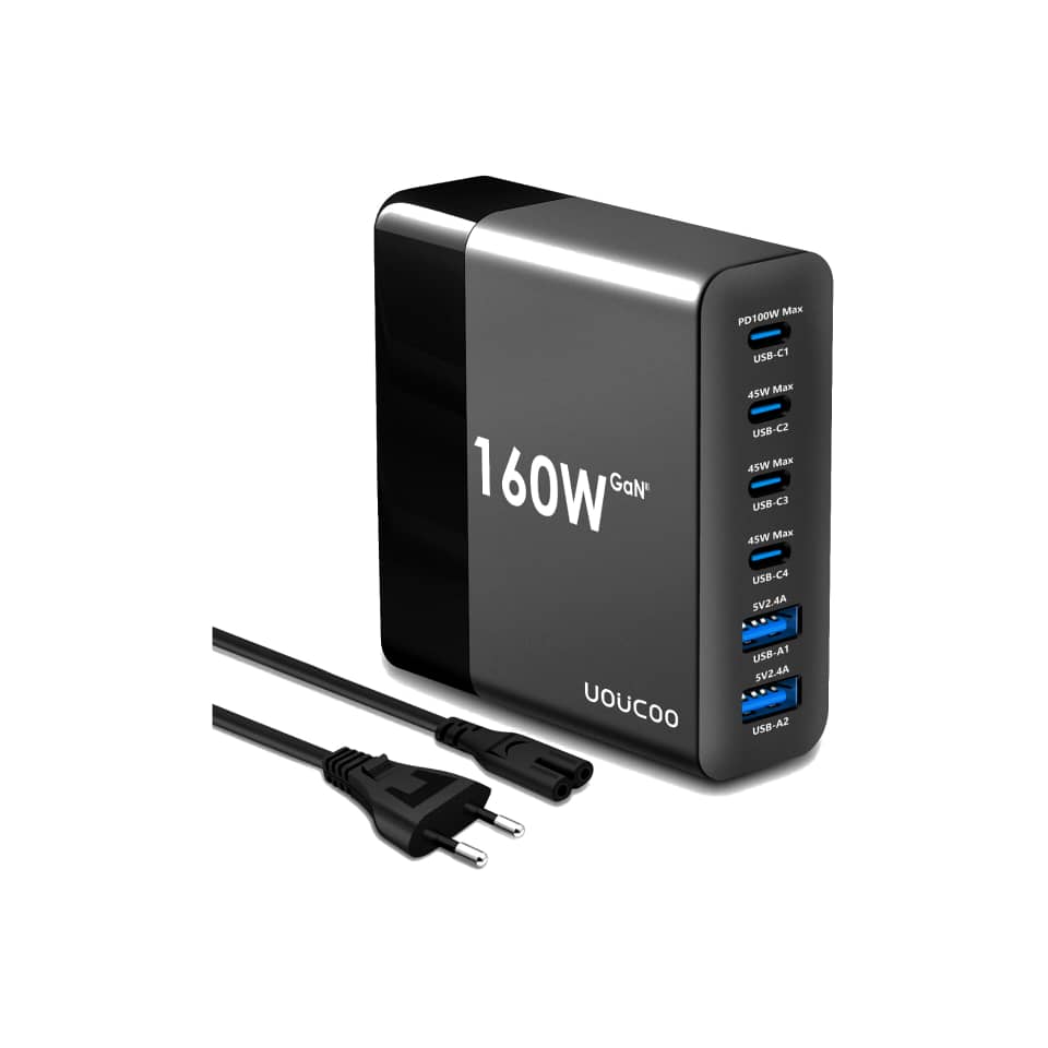شارژر رومیزی 6 پورت USB C شارژر AC برای MacBook Pro/Air، iPhone، iPad، Galaxy (مشکی) برند UOUCOO