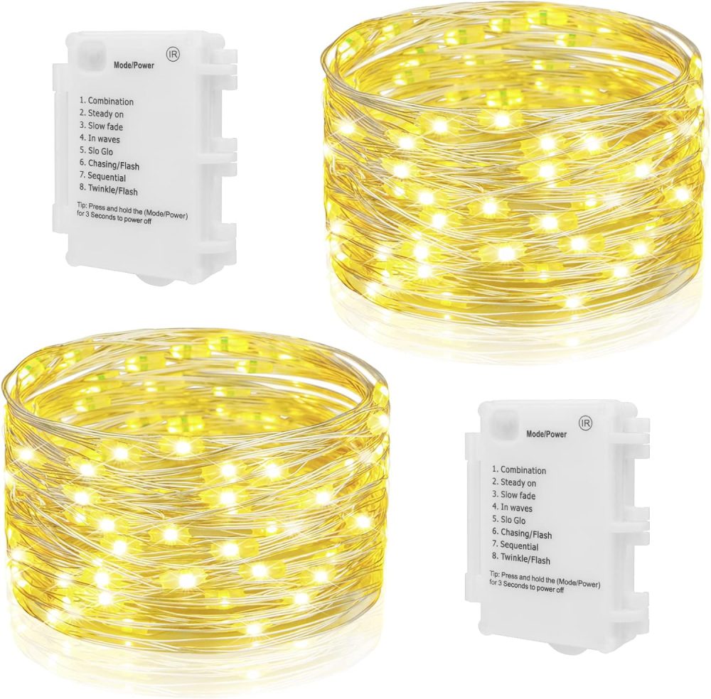 ریسه سیمی با تایمر سیم نقره ای 10M سفید گرم IP65 ضد آب برای فضای باز Koopower 2 Pack 100 LED