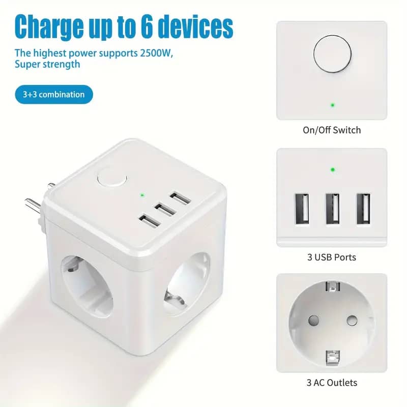 سه راهی برق آداپتور USB مکعبی 6 در 1 (2500W/10A) با سوئیچ، 3 خروجی USB (5V/3.1A) دیزاین آلمان برند OEM